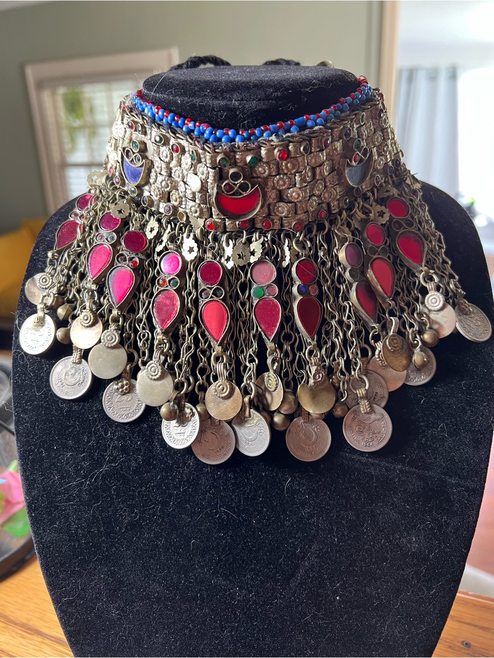 Vintage Kuchi tribal choker necklace from Afghanistan. Oxidized brass, coins. **